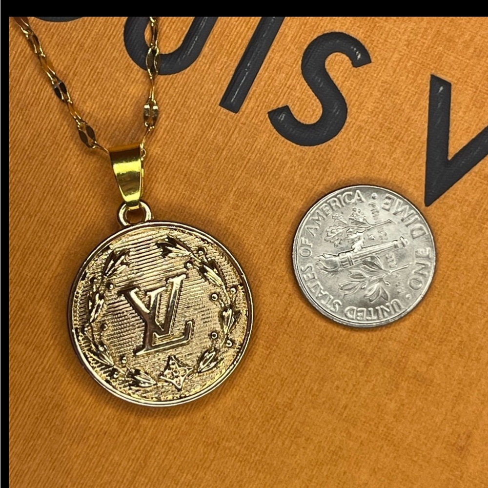 Gold Vintage LV Stamped Upcycled Charm Pendant Necklace - Picture 9 of 9